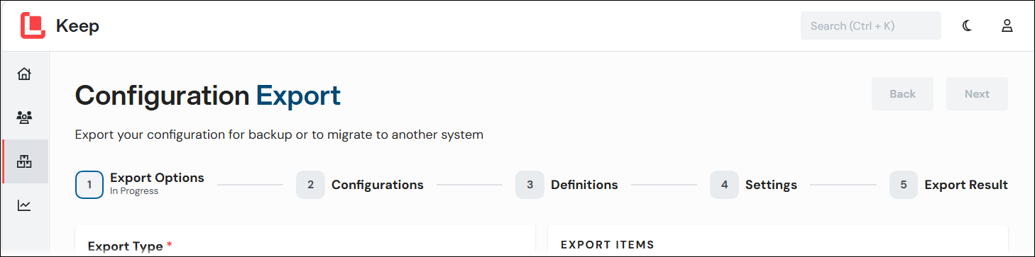 The progress indicator in the Export Configuration process.